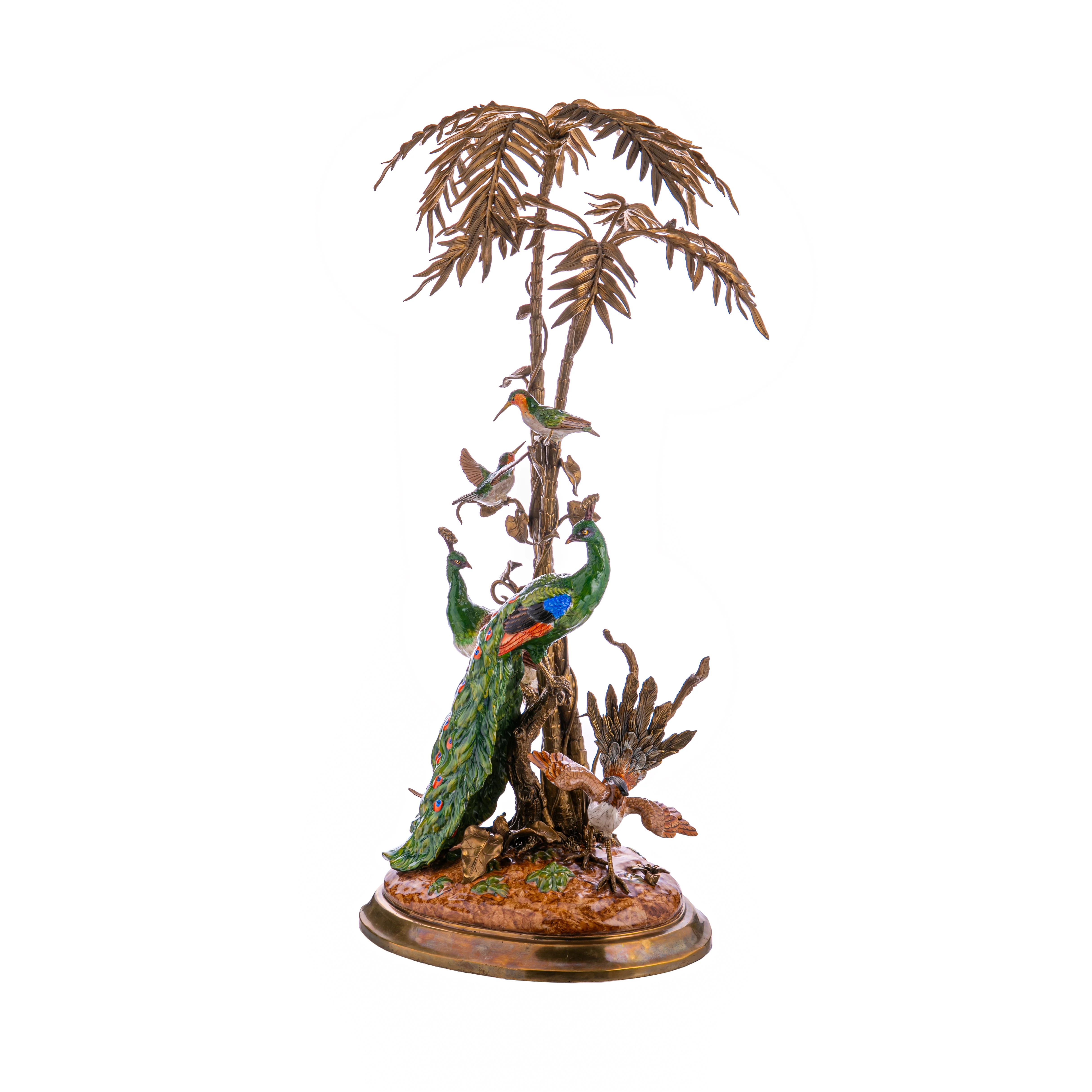 BRONZE AND PORCELAIN PALM GARDEN CENTERPIECE