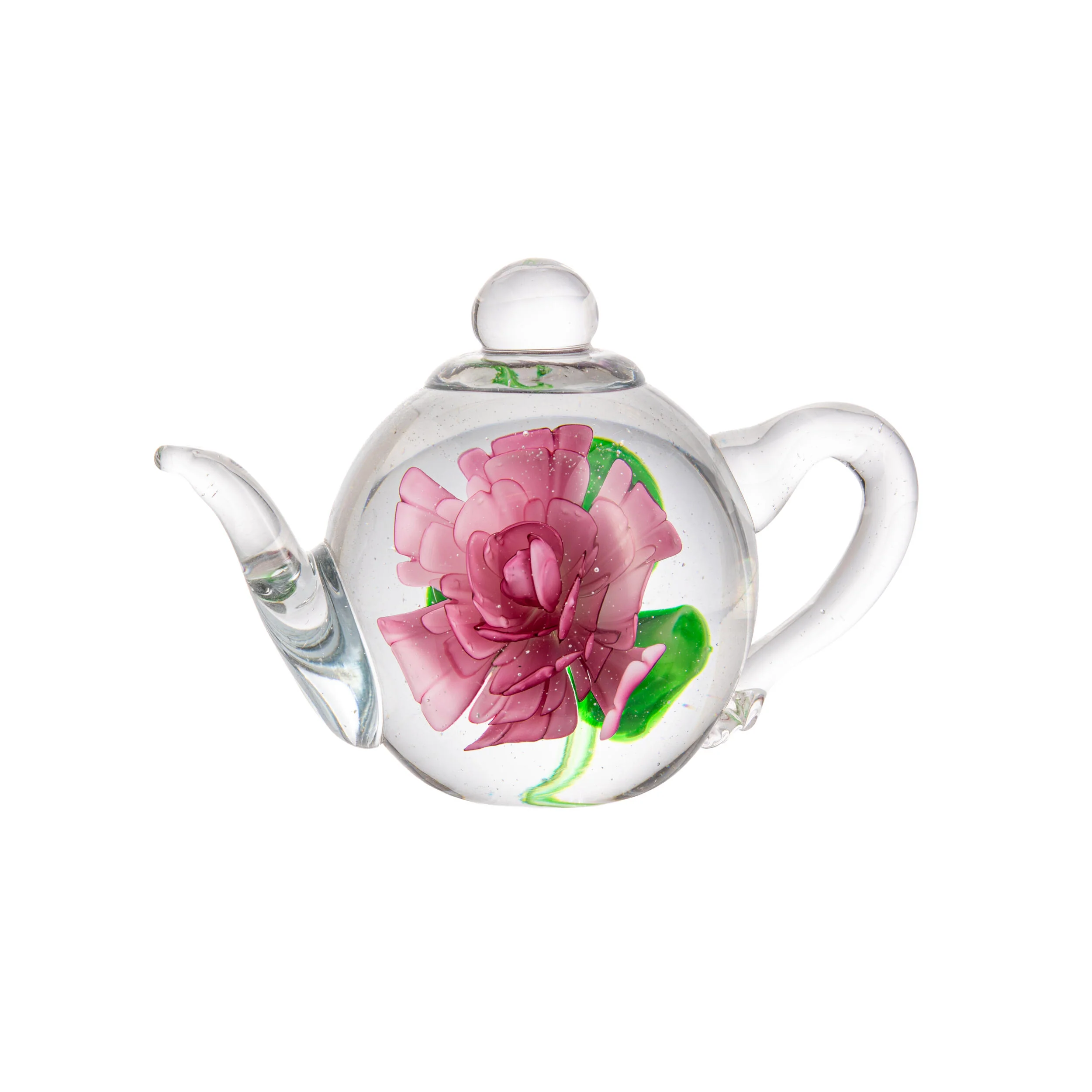 GLASS TEAPOT WITH ROSE PAPERWEIGHT