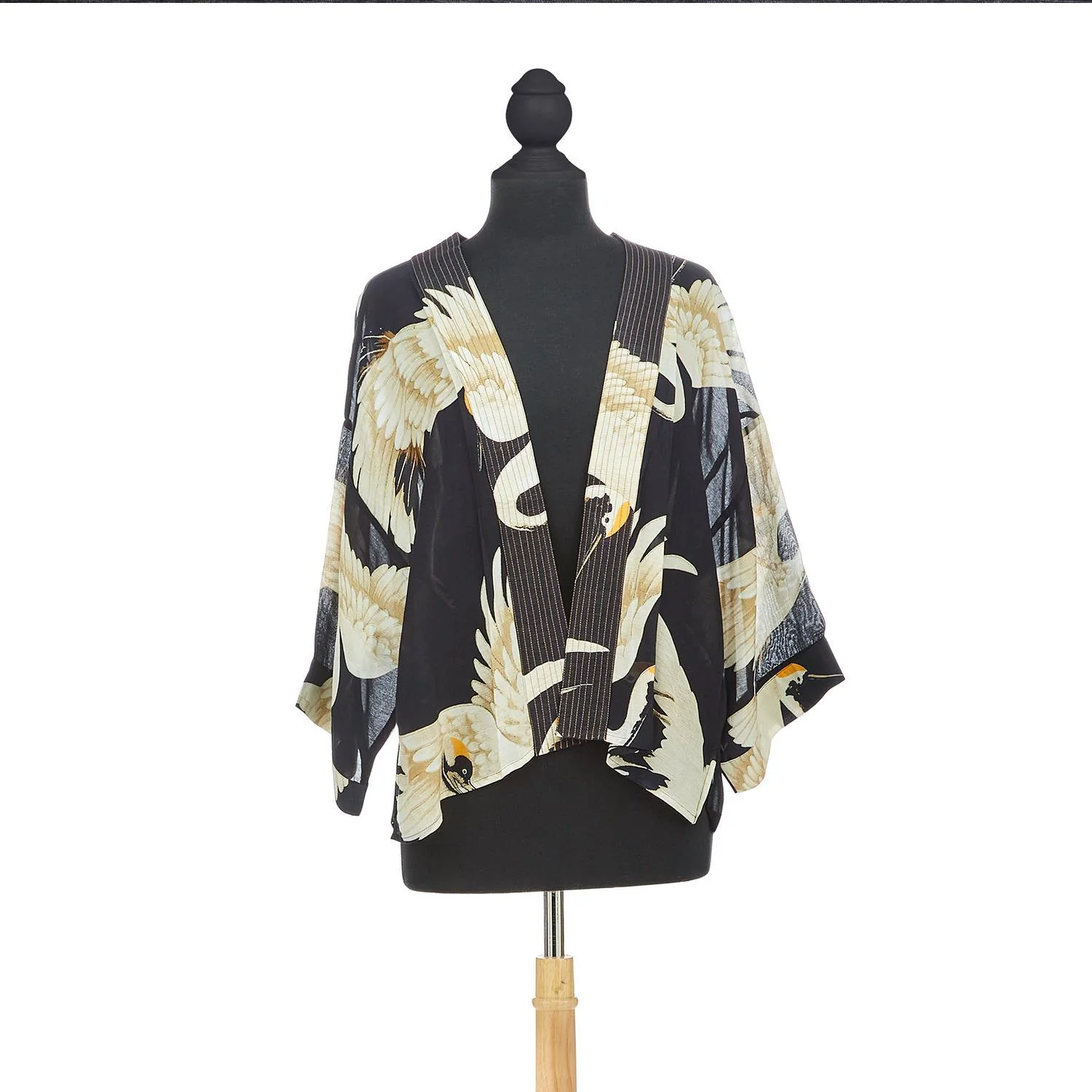 HERON PRINT SHORT KIMONO - BLACK