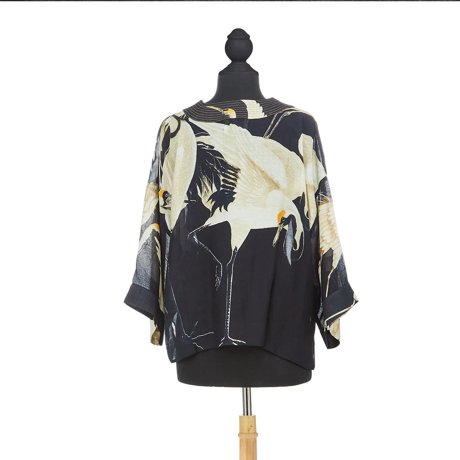HERON PRINT SHORT KIMONO - BLACK - Image 2