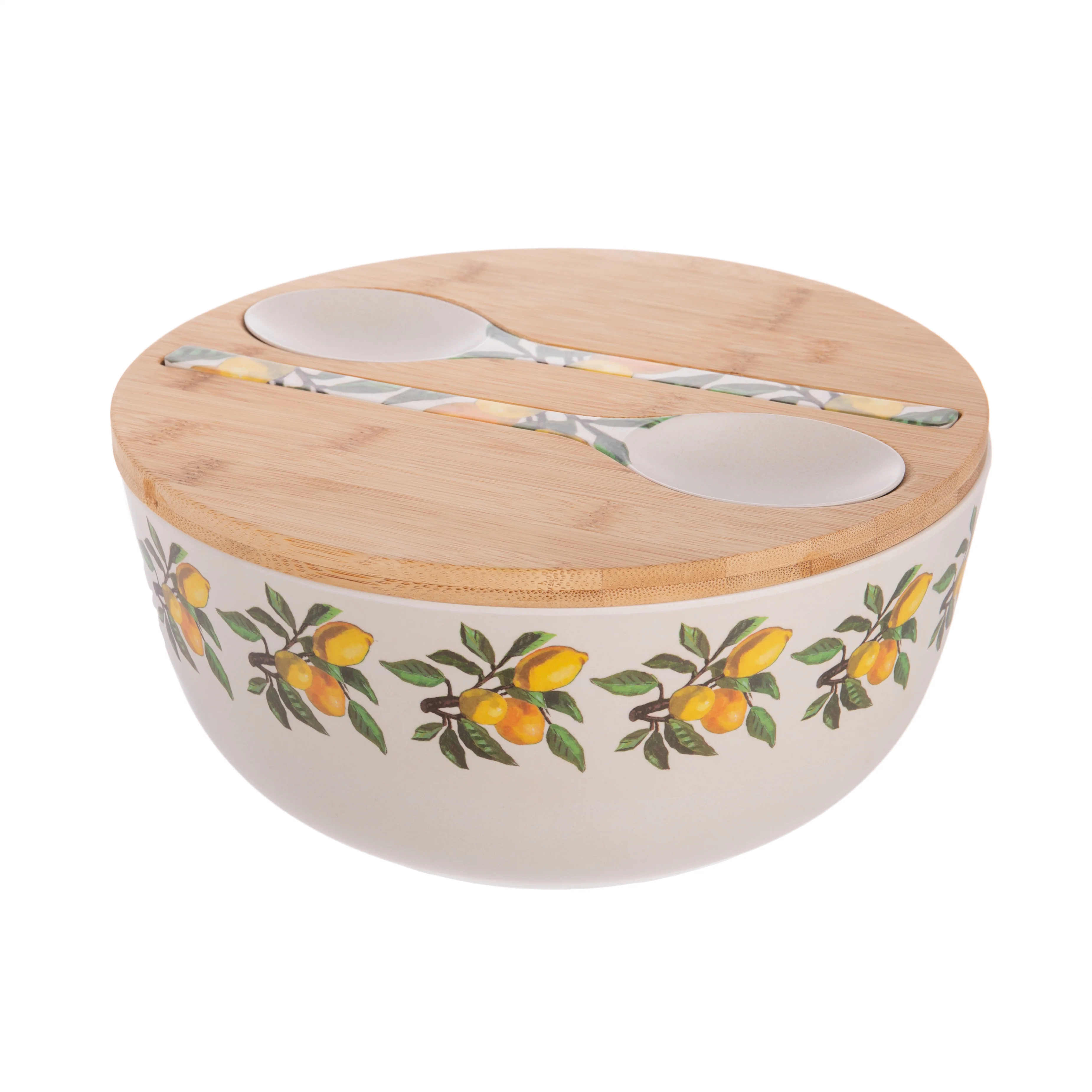 LEMON PRINT SALAD BOWL WITH BUILT-IN UTENSILS