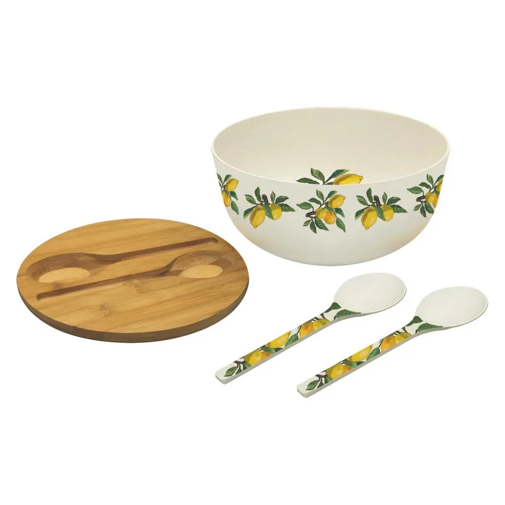 LEMON PRINT SALAD BOWL WITH BUILT-IN UTENSILS - Image 3