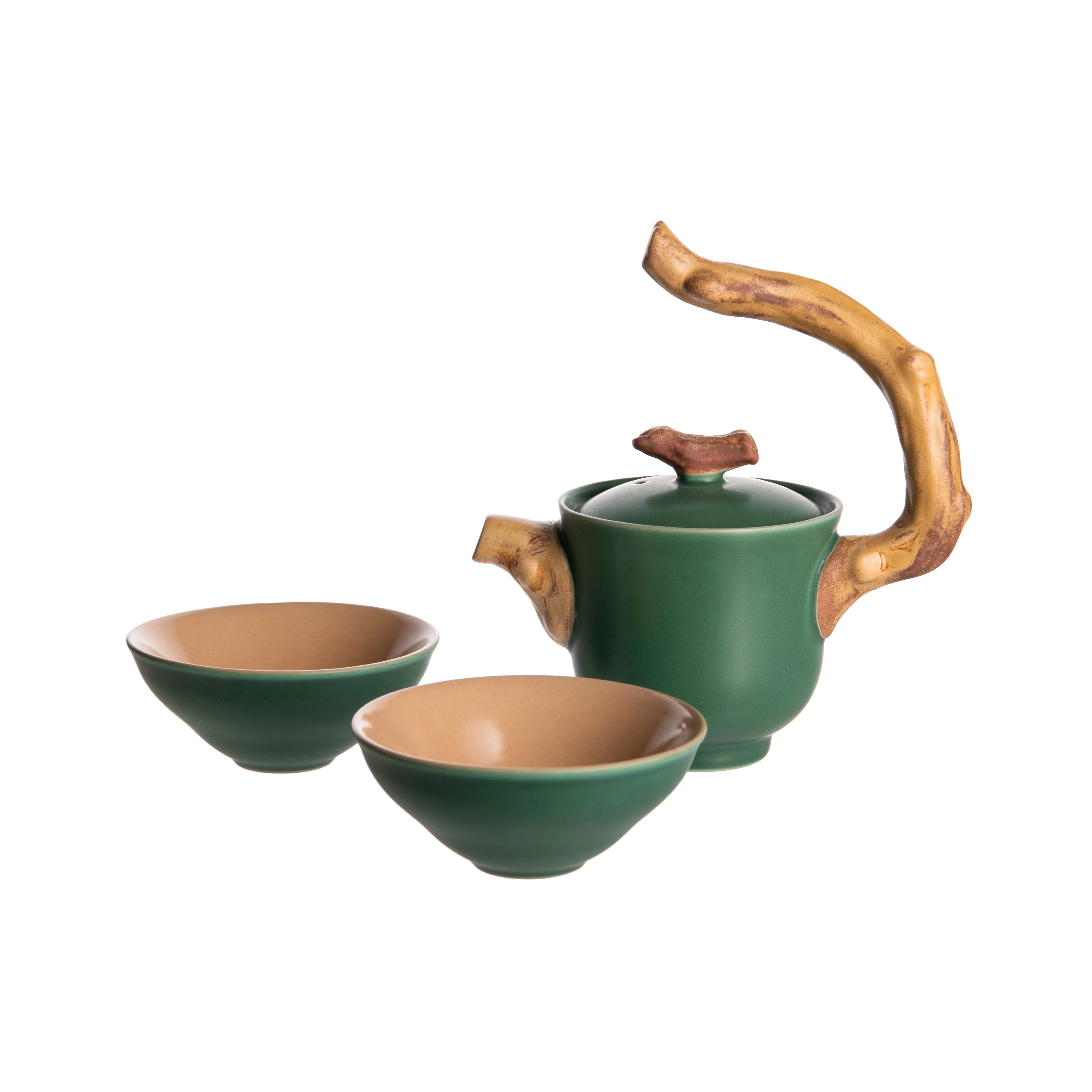 TWIG-HANDLE TEAPOT WITH TWO CUPS