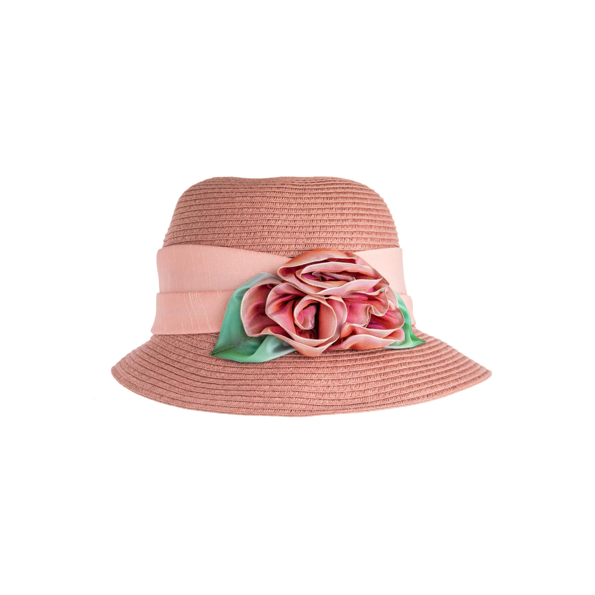 WOVEN CLOCHE HAT WITH OMBRE RIBBON ROSE TRIM