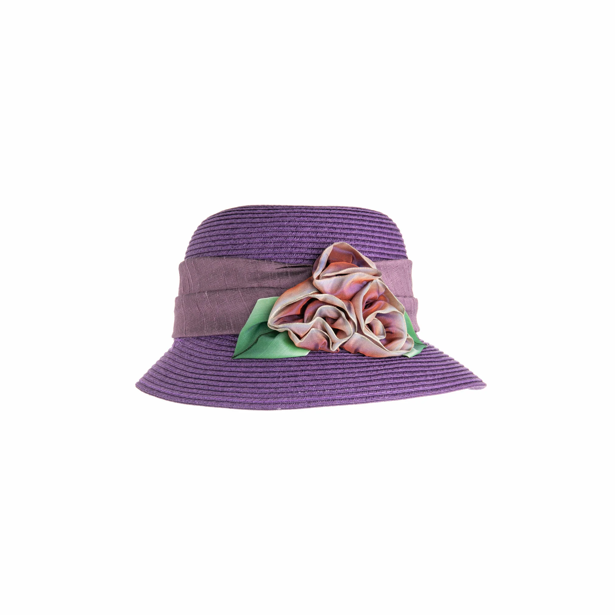 WOVEN CLOCHE HAT WITH OMBRE RIBBON ROSE TRIM - Image 2